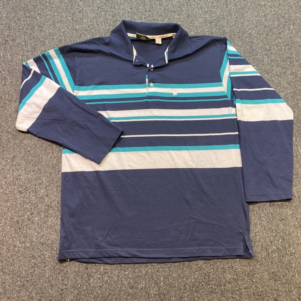 Lada Polo Shirt Sz XL Mens Blue Teal Striped Long Sleeve Preppy Skater Retro 90s
